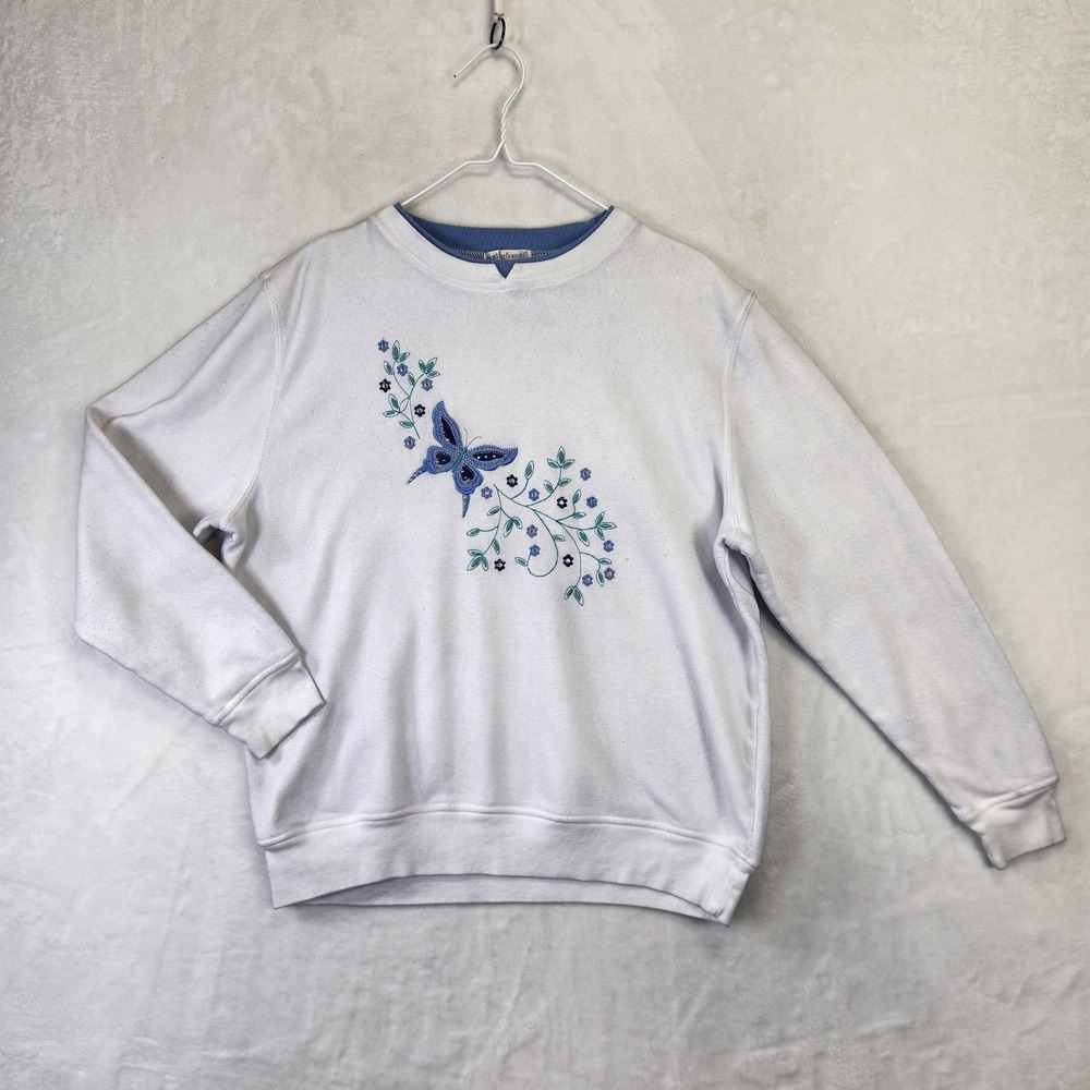 Hasting‎ & Smith Womens XL White Butterfly Floral Embroidered Sweatshirt